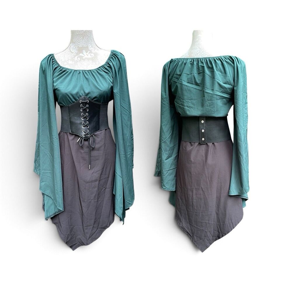 Renaissance Medieval Dress Green Black LARP Halloween Asymmetrical Hem Sz M